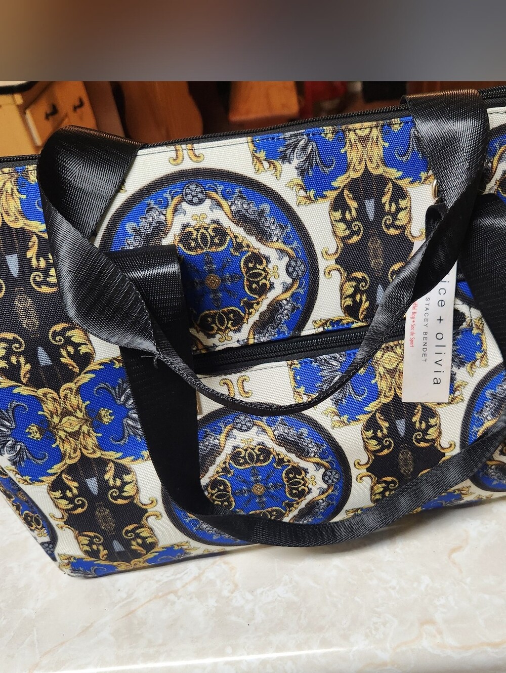 ALICE + OLIVIA Duffel Bag Tote Regal Romance Blue Black Stacey Bendet